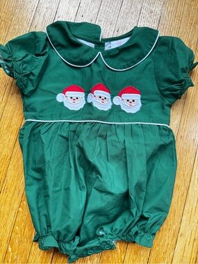 Green Santa Appliqué Peter Pan Collar Bubble Romper 12M